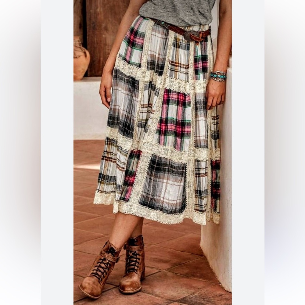 Tolani Kylee Maxi Skirt Large Plaid Patchwork Lace A-Line Elastic Waist Boho